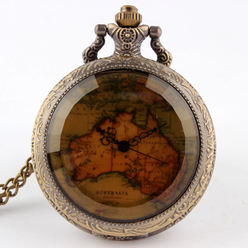 Австралия Карта животного гравировка кварцевые карманные полые часы с Fob цепи римскими цифрами Цепочки и ожерелья часы унисекс стимпанк