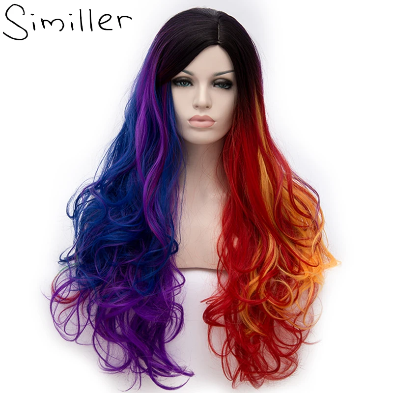 Similler Long Multi Color Women Wavy Hair Synthetic Rainbow Wigs for