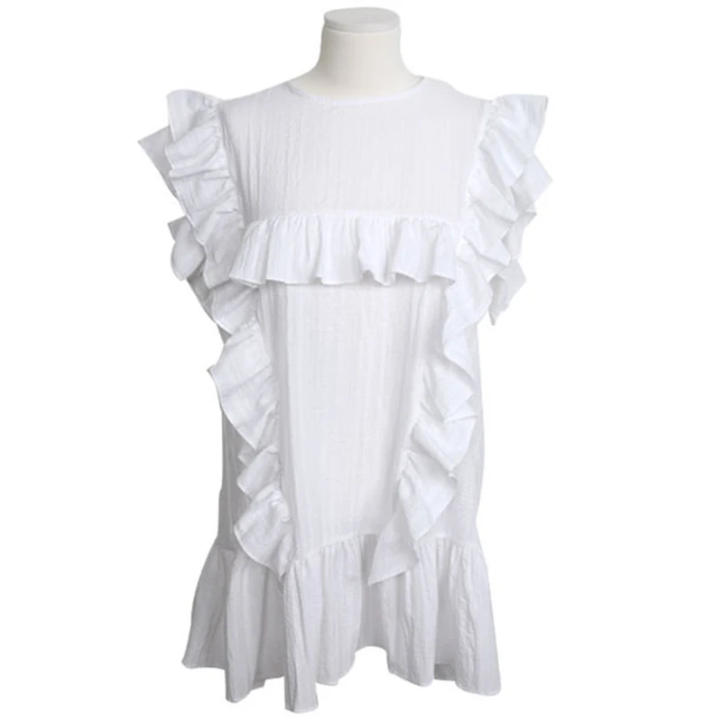 Прямое платье с оборками женское хлопковое винтажное летнее вечернее платье большого размера свободное с круглым вырезом и рукавом-бабочкой Элегантное коктейльное платье - Цвет: Белый