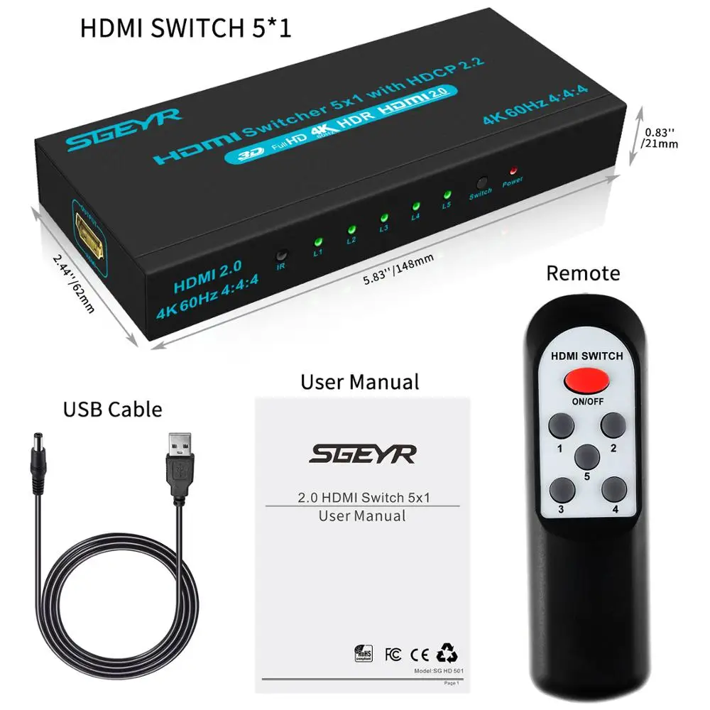 SGEYR 4K@ 60Hz 5x1 HDMI переключатель HDMI селектор переключатель 5 портов HDR ИК пульт 4K HDMI селектор коробка 5 в 1 выход автоматический переключатель HDMI коммутатор