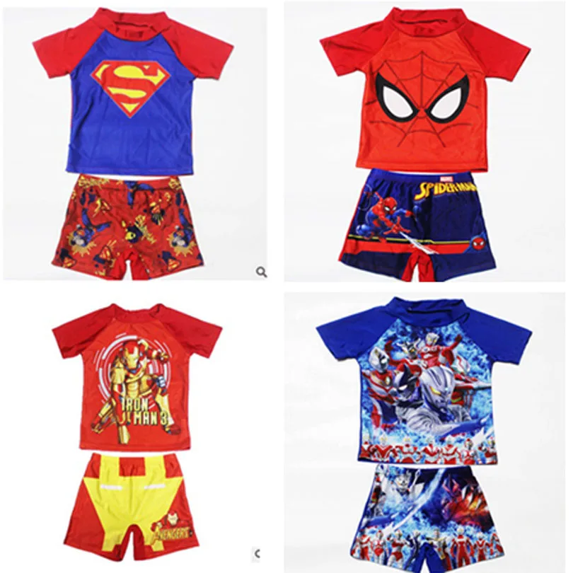 Детская одежда для купания для мальчиков-подростков 2-11 лет, купальный костюм из 2 предметов(футболка+ штаны), пляжные купальные костюмы, купальный костюм с защитой от солнца, костюм Супермена, Человека-паука