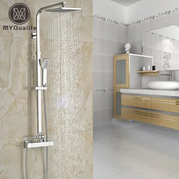 

Polished Chrome Constant Temperature 8" Rainfall Shower Faucet Set Dual Handle Wall Thermostatic Shower Mixer System