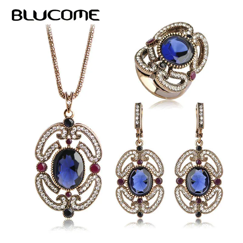 

Blucome Vintage Turkish Style Resin Necklace Earring Ring Jewelry Set Crystal for Women Day Remembrance Daily Wear Decoration
