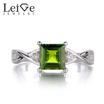 

Leige Jewelry Natural Chrome Diopside Ring 925 Sterling Silver Square Cut Green Gemstone Engagement Promise Rings for Women