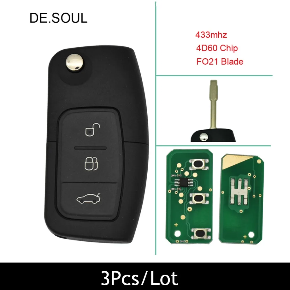 DE. SOUL 3 шт./лот Автомобильный Брелок дистанционного управления с ключом для Ford Mondeo 433 МГц 4d60 чип