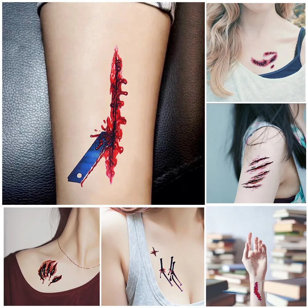 

Hot sale Halloween Zombie Scars Tattoos With Fake Scab Bloody Makeup Halloween Decoration Wound Scary Blood Injury Sticker
