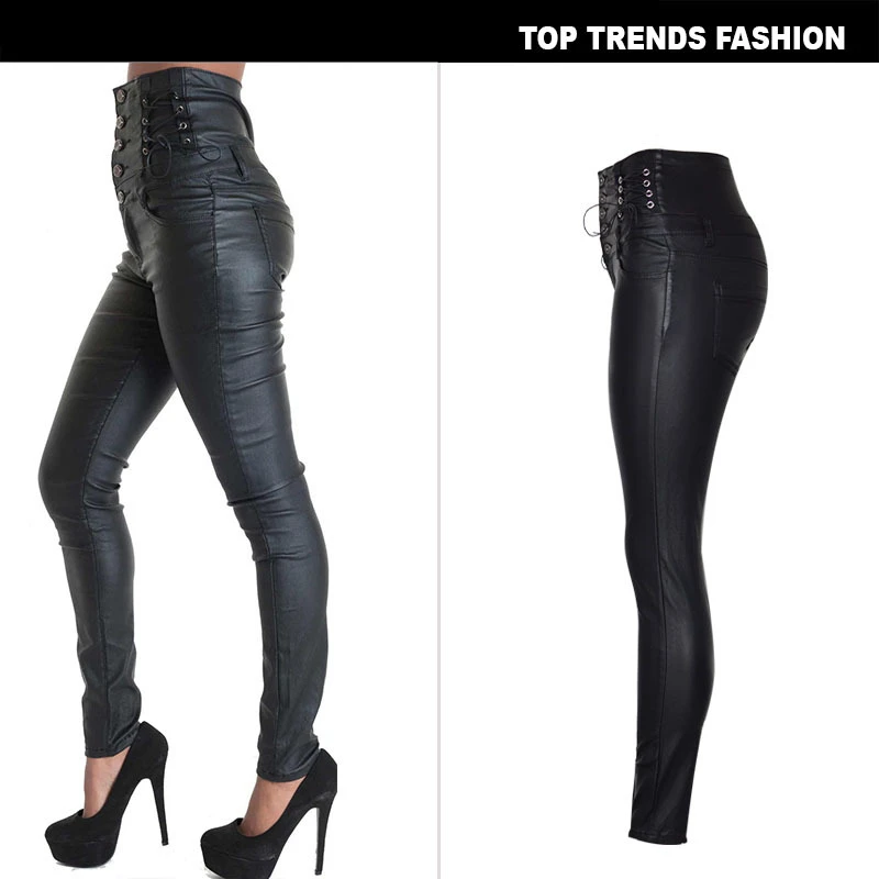 Женские ультра-высокая талия пряжки ремни декоративное покрытие Имитация кожаные брюки стрейч джинсовые брюки PU есть большой размер B017