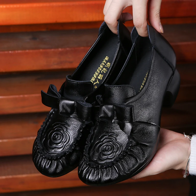 

Women Leather Pumps 5 CM High Heels Embroidery Wedge Shoes For Women Leather Pumps Lazy Shoes Handmade Women Heels Black Slip On