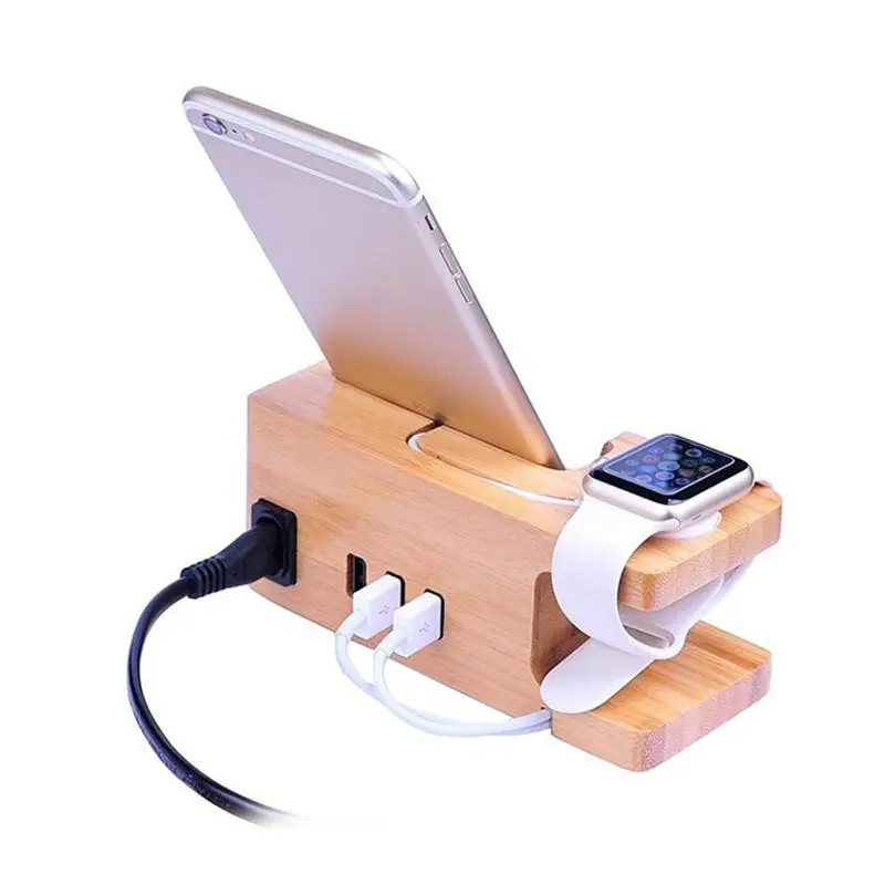 

3-Port Usb Charger For Apple Watch & Phone Organizer Stand,Cradle Holder,15W 3A Desktop Bamboo Wood Charging Station For Iwatc