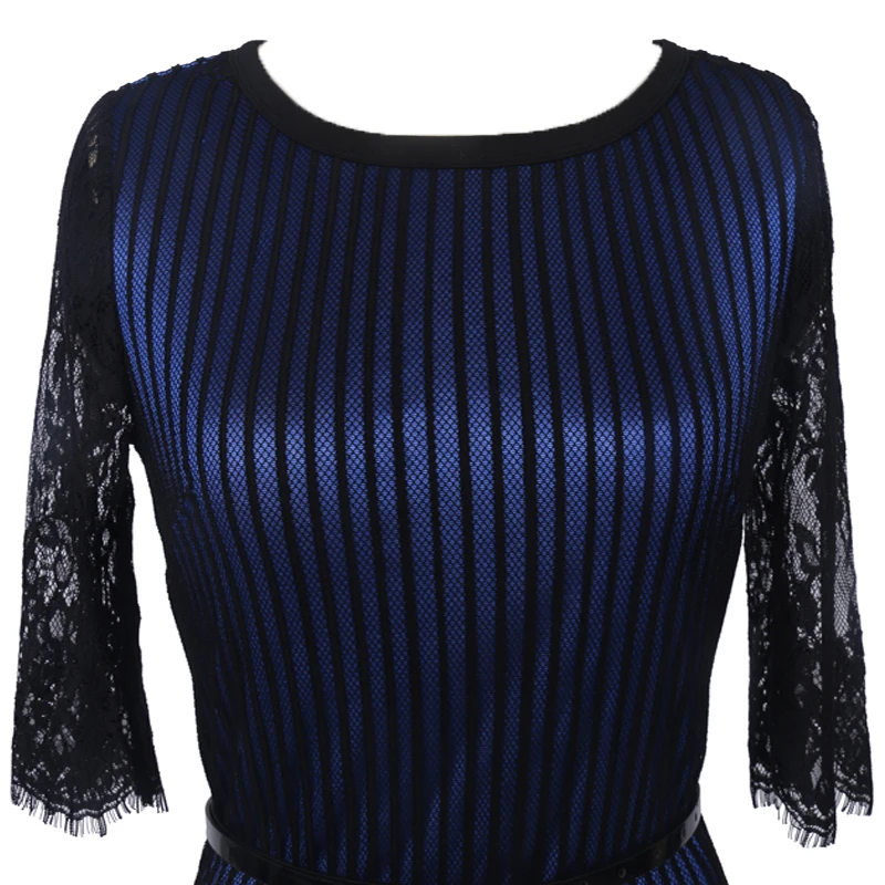 Kenancy 2XL 2018 Belted Sexy Striped Floral Lace Dress Women Party Half Sleeve Knee-Length Vestidos Contrast Color Recommend