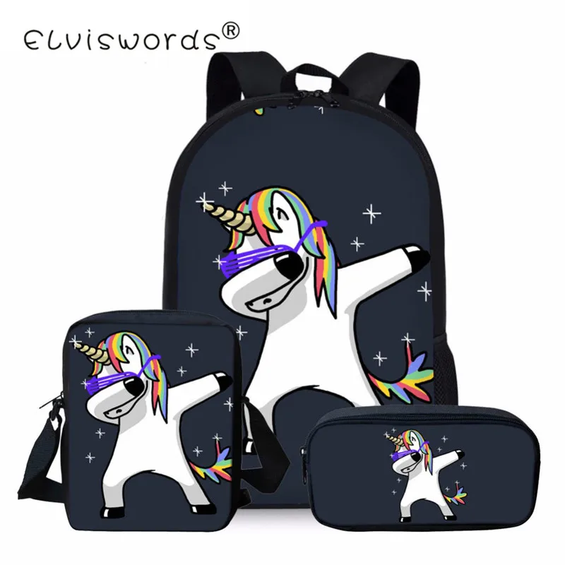 

ELVISWORDS 3PC/Set Schoolbag Unicorn Girl School Backpacks in Primary Students Kids Book Bag Mochila Satchel Lunch Pencil Bags