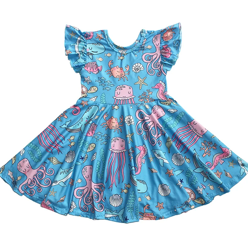 

Summer Children Girls Sea Animals Print Twril Dress Children Blue Ocean World Dress Baby Girls Milksilk Party Dresses wholesale