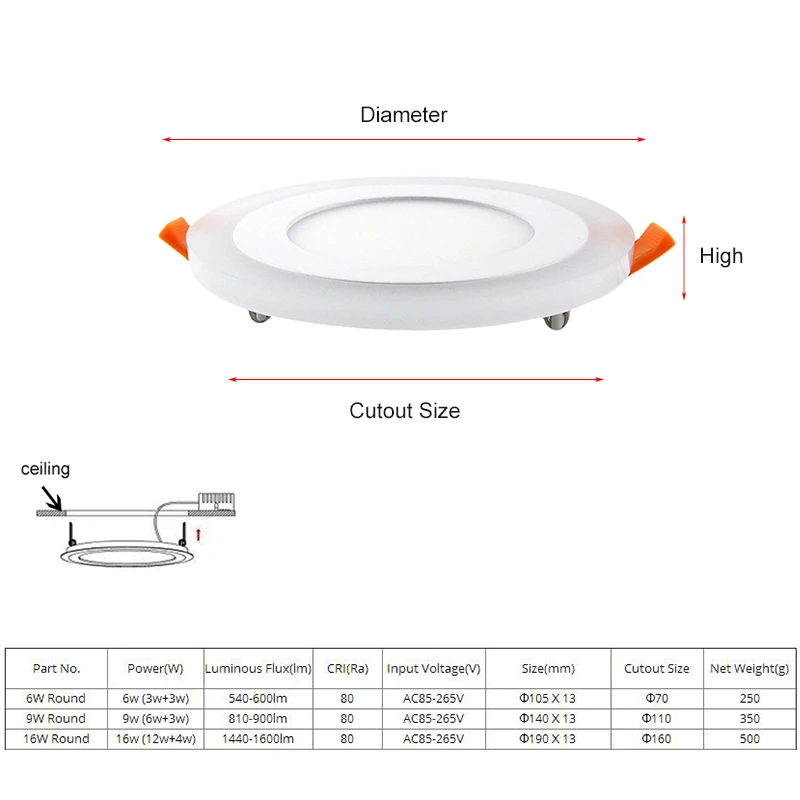 Double Color LED Panel Downlight 6W 9W 16W 3 Model Lamp Panel Light