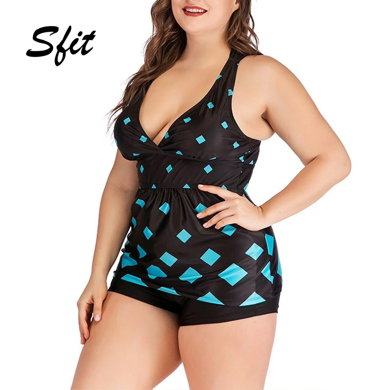 

Sfit 2019 Summer Women Halter Bikini Cross Push-up V-Neck Two Piece Swimwear Beach Bathing Suit Plus Size 5XL Print Tankini Set