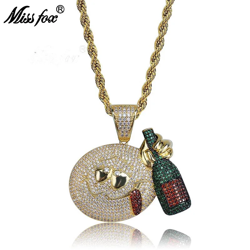 

MISSFOX Hip Hop Cartoon Drunk Emoji Iced Out Pendant 24K Gold Plated AAA CZ Stones Colorful Beer Bottle Party Fashion Jewlery