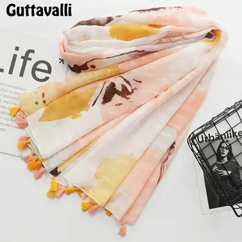 

Guttavalli Women Fresh Landscape Painting Tassels Long Print Shawl Female Cotton Colorful Scarf Bohemia Fashion Chevron Scarves