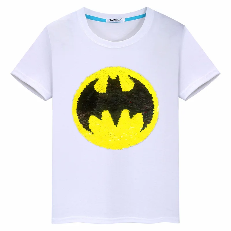 Футболки для мальчиков и девочек; детская повседневная Летняя одежда из хлопка с блестками; модная футболка с Бэтменом; Детские футболки с суперменом
