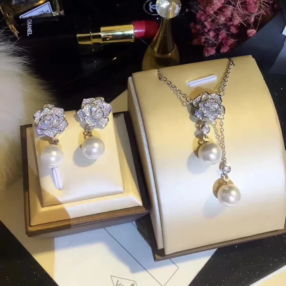 

ZOZIRI brand zircon Camellia flower necklace jewelry set with pearl for women ,real silver pearl flower earrings pendant set