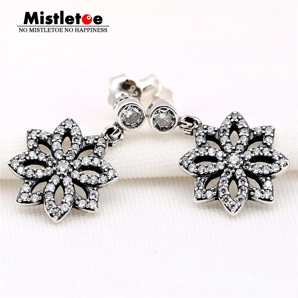 

Authentic 925 Sterling Silver Lace Botanique, Clear CZ Drop Earrings Compatible with European Earrings Jewelry