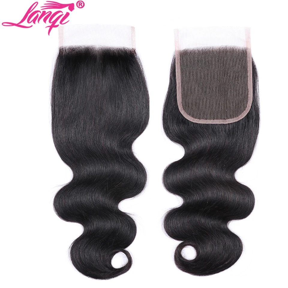 

Lanqi Hair Peruvian body wave Lace Closure Free Middle Three Part Non remy Human Hair Swiss Lace 4*4 Top Closure 120% Density