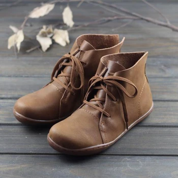 

Genuine Cow Leather Lace-up Boots Shoes For Women Flat With Winter Handmade Footwear Sneaker Boots Retro Handmade Round Toe 19