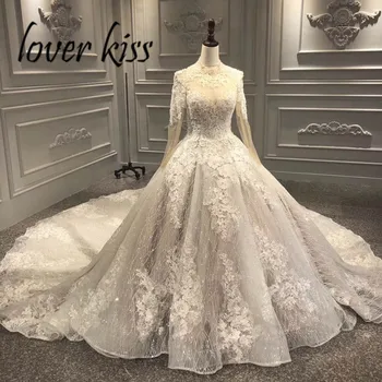 شراءعاشق قبلة Vestido دي Noiva رائع الدانتيل مطرز طويل الأكمام فستان الزفاف مع قطار فستان زفاف ل الزواج رداء دي خطاباتخطابهزوجات