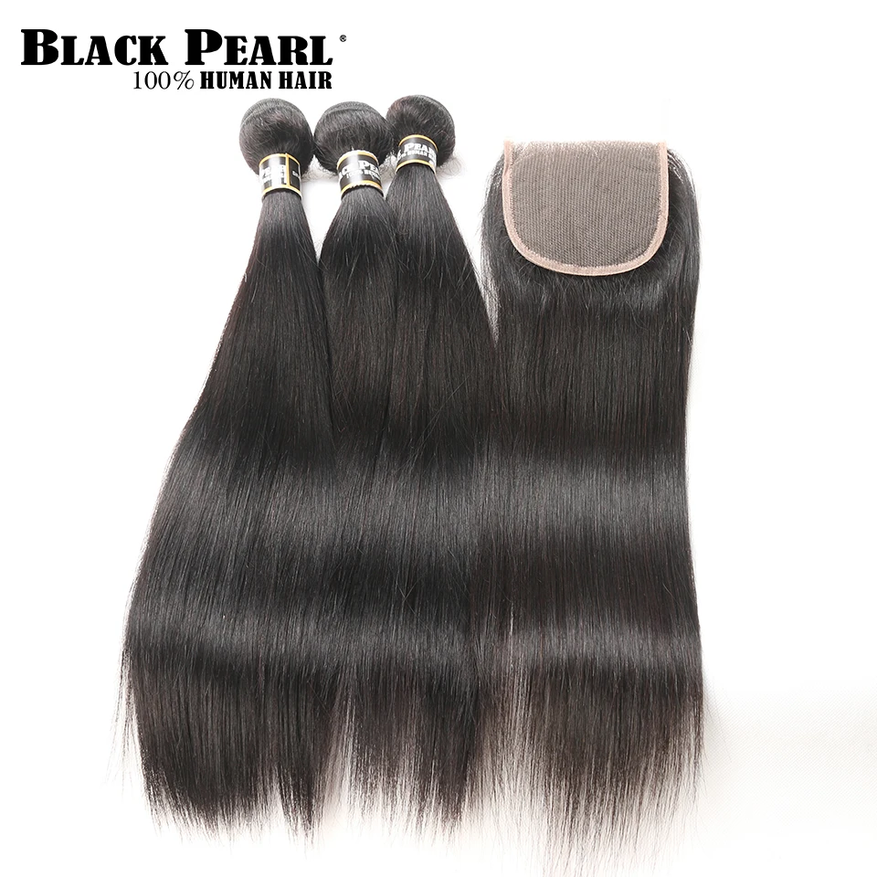 Black Pearl Straight Hair Bundles With Closure Non Remy Human Hair 3 Bundles With Closure Peruvian Hair Bundles With Closure