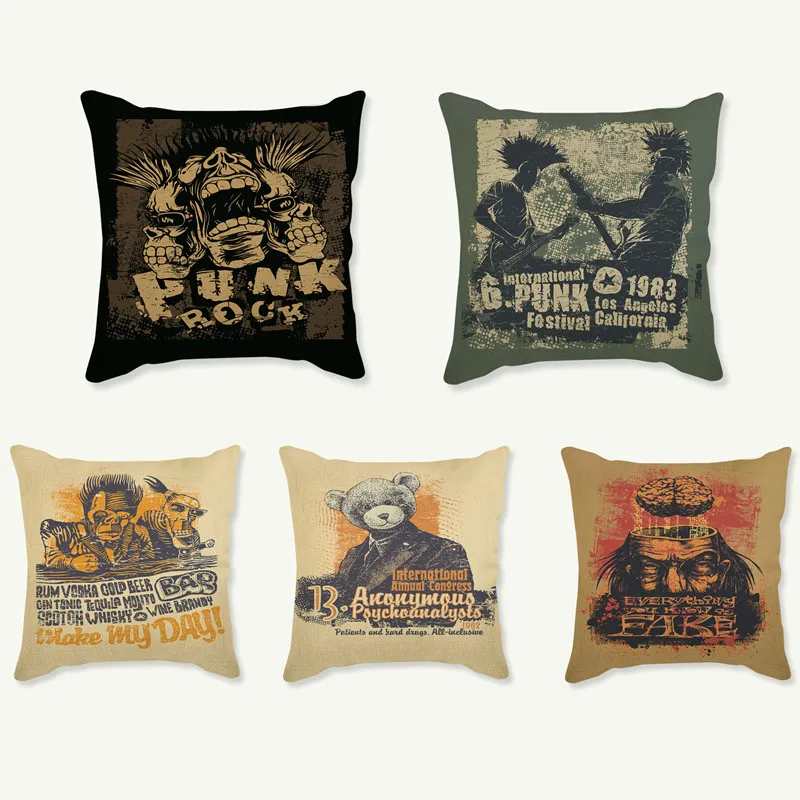

18 Inch Cushion Cover Pillows Cover Vintage Rock Band Bear Sir of Punk Style Pillow Case Linen Cotton Home Decor