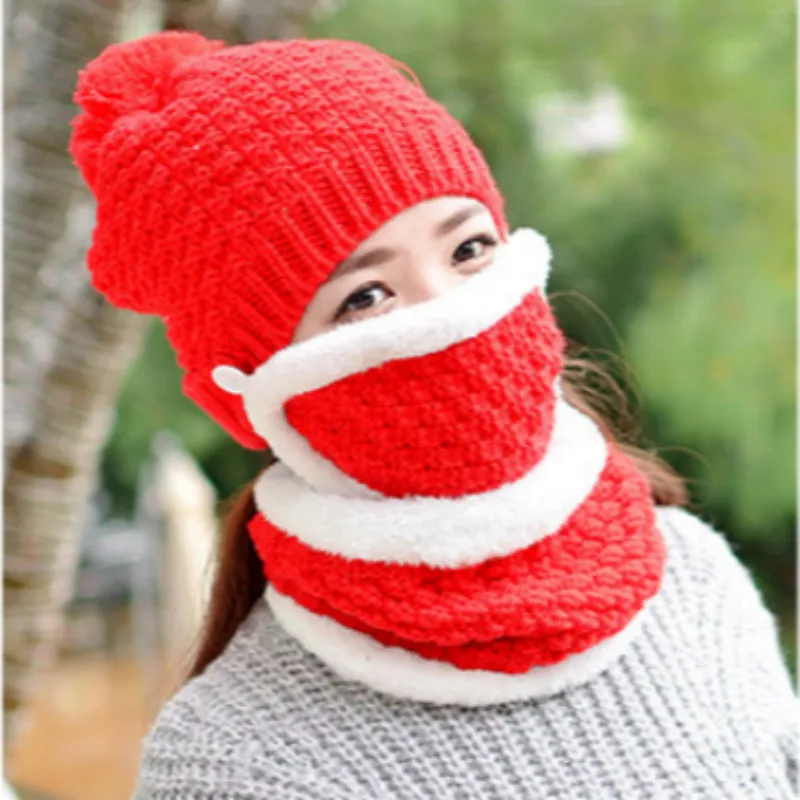 Плюс бархатная теплая маска шарф шляпа набор уличная ветрозащитная шапочка для верховой езды с Защита лица и шеи женская вязаная шапка - Цвет: Красный