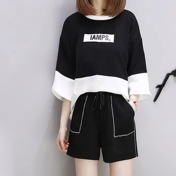 

Summer Letter Print O-Neck White and Black Color Patchwork Top + Elastic Waist Pockets Shorts Set 8