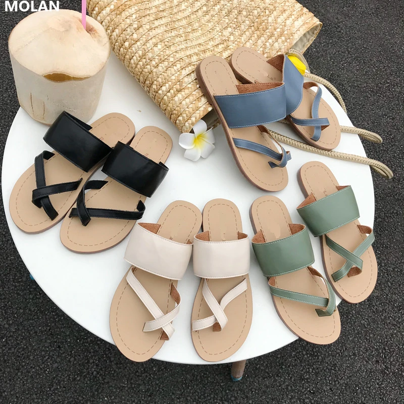 

MOLAN Brand Designer 2019 Summer New Narrow Band Clip Toe Female Slipper Flat Leather Slides Ladies Slip On Loafers Mules Casual