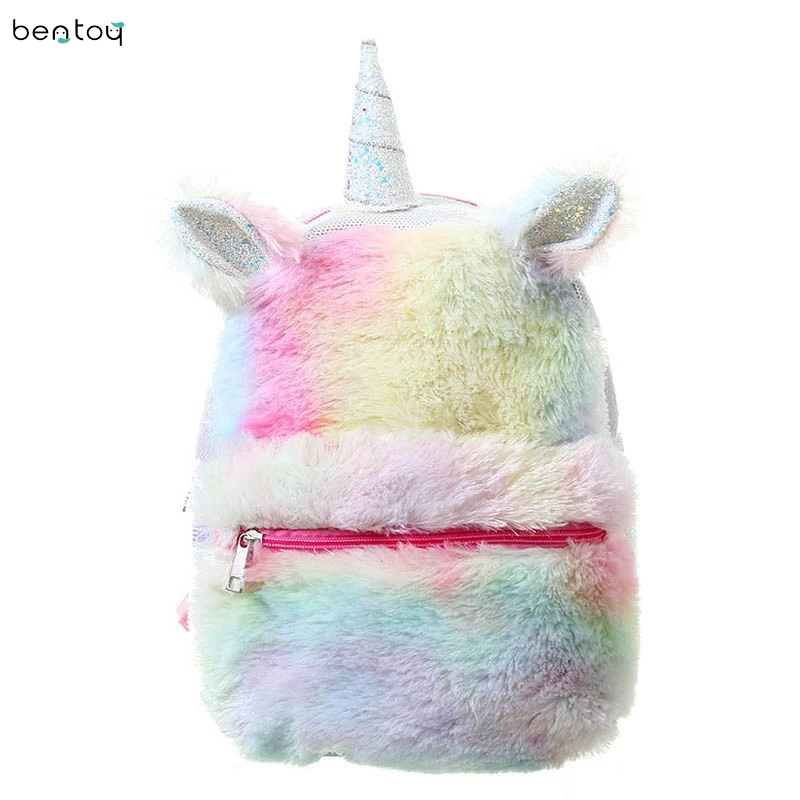 

Cute Unicorn Backpack Plush Sequin Bookbag Mix Fur Satchel Teenage Student Large Capacity Storage School Bags Women Backpack