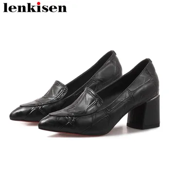 

Lenkisen office lady genuine leather oxford pointed toe high thick heels slip on dress concise style shallow leisure pumps L12