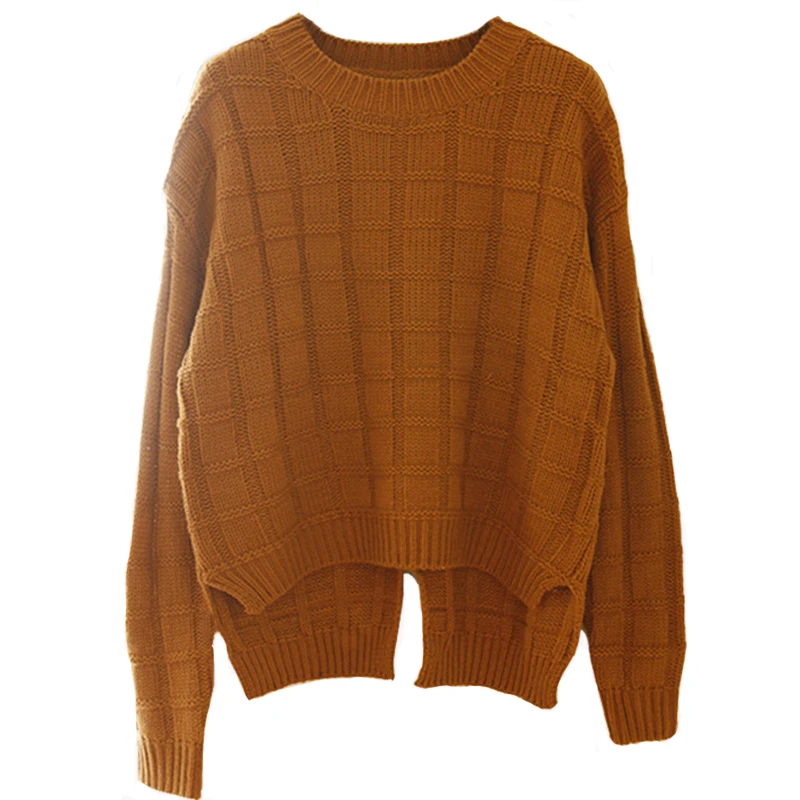 

CHRLEISURE Round Neck Long Sleeve Knit Sweater Lattice Short Paragraph Autumn Women Coat Korean Version Leisure Pullovers