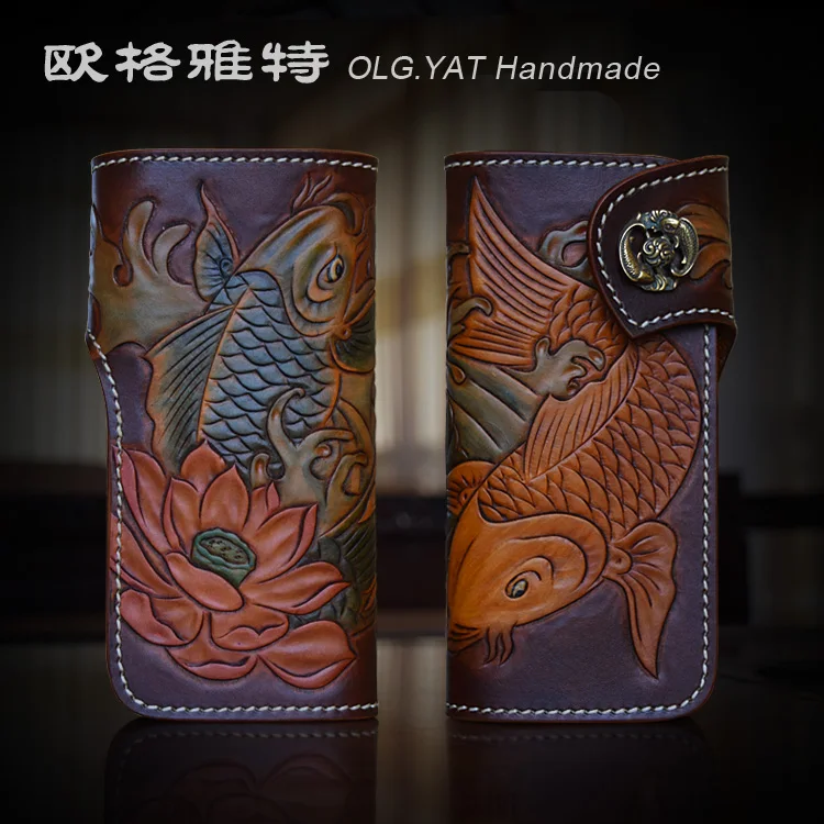 

OLG.YAT Italian Vegetable tanned leather handmade long hasp wallet men purse cowhide bag double fish retro handbag Pouches