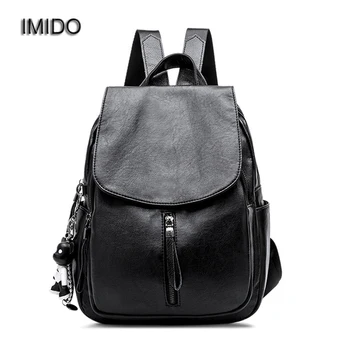 

IMIDO 2018 New Women Backpack Real Leather Sheepskin School Backpacks for Teenage Girls Travel Shoulder Bags Bear Pendant SLD116