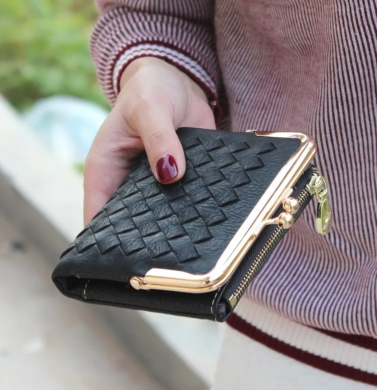 New European and American style weave wallet vintage women wallet brand small lock design women purse small zipper coin purse 