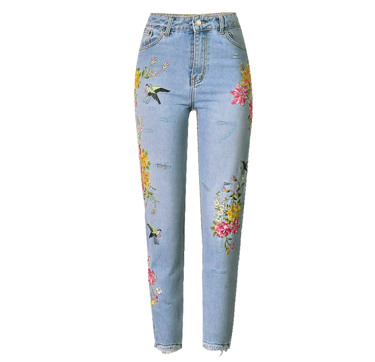 2017 Europe and the United States women's 3D three-dimensional heavy craft bird flowers front and rear side embroidery high waist straight irregular wear jeans (9)