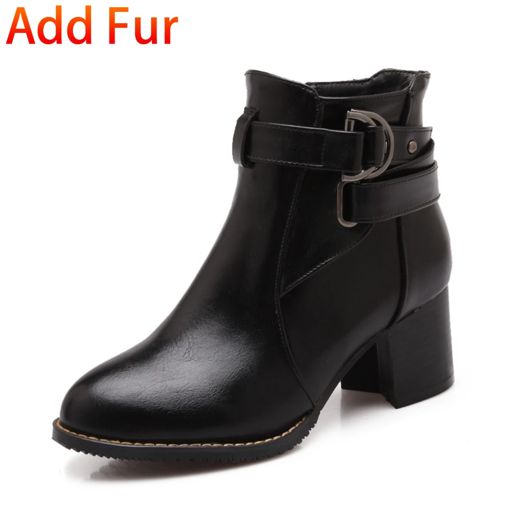 BONJOMARISA/ г.,, большие размеры 31-48, женская обувь на квадратном каблуке ботильоны на платформе на молнии зимние ботинки - Цвет: black with fur