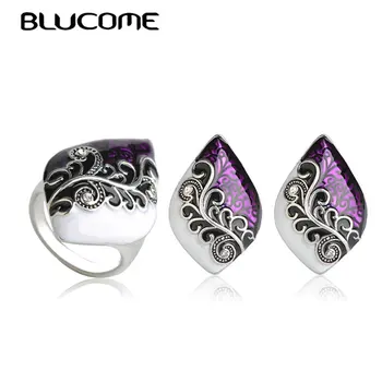 

Blucome Dubai Purple Enamel Stud Earrings Wide Ring Set Flower Shape Gold Color Jewelry Sets For Women Wedding Party Accessories