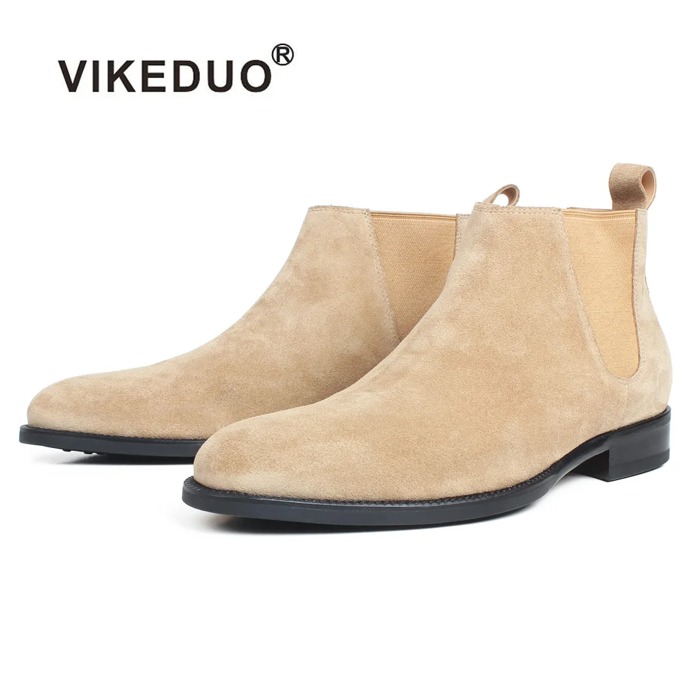

VIKEDUO Ankle Boots For Men Apricot Genuine Suede Skin Customized Made Square Leather Shoes Flat Slip-On Autumn Chelsea Boots