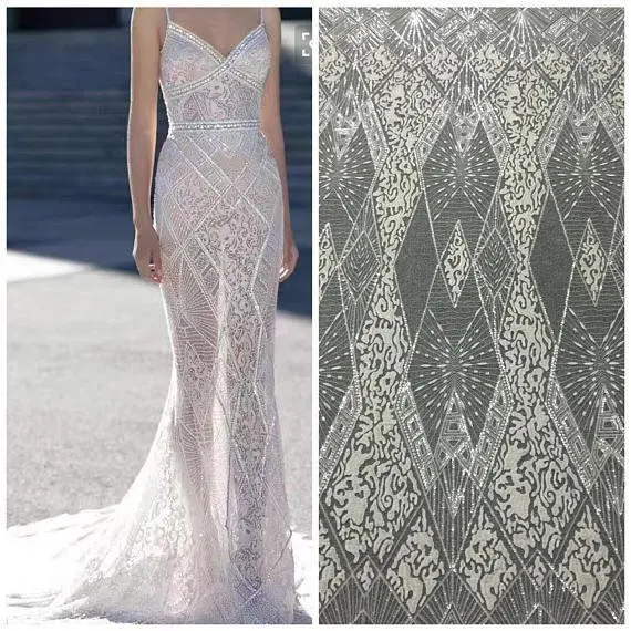 1 ярд Изысканный Прозрачный блесток геометрическая вышивка мягкий кружевной тюль ткань в белом, свадебное платье Birdal ткань кутюр кружева