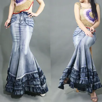 

2019 Spring Summer New Women's Vintage Long Denim Skirts Ladies High Waist Packing Hips Ruffles Fish Tail Jeans Skirts