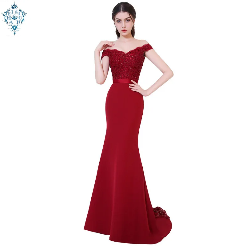 

Ameision 2019 Robe De Soiree Mermaid court train Backless Slim Belt Evening Dress Long Party Elegant Off The Shoulder Prom Gown