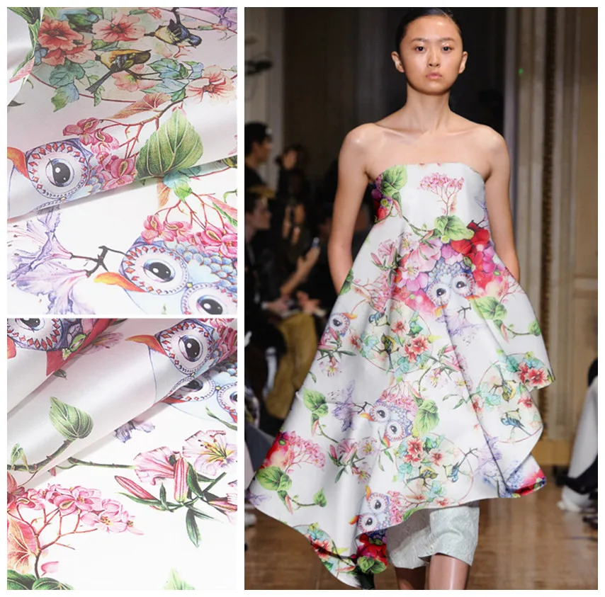 Uil gedrukt zijde 135 cm zijde organza satijn stof scherpe doorschijnende luifel jurk stof groothandel zijde doek