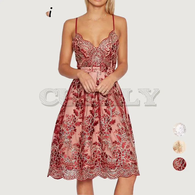 

Cuerly V neck embroidery lace party brand dress women Sexy floral formal strap white dress vestidos Elegant knee length dress L5