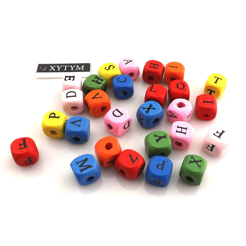 Printed Letters Wood Beads For DIY Mixed Color 10mm Cubic Wooden