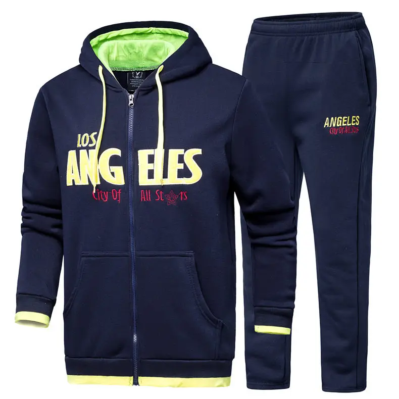 2019 Tracksuit Sets Men Casual Hooded Couple Fleece Cotton Male Sweatshirts Man Sportswear Suits Youth Zipper Cardigan+Pant 2PCS 1