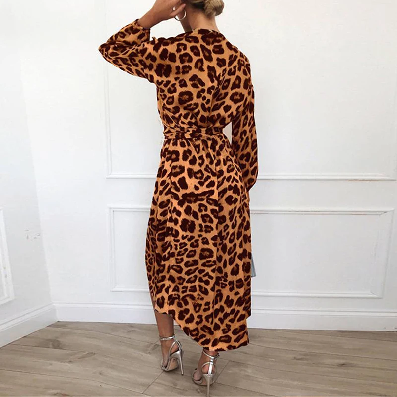 Leopard Print Dress Woman Autumn Long Sleeve Sexy V-Neck Dresses Casual Elegant Dresses Vestidos Office Lady High Split Dress