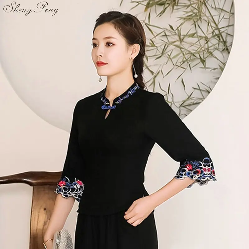 Традиционная китайская одежда для женщин cheongsam Топ Мандарин воротник женские топы и блузки Восточная китайская одежда V1604